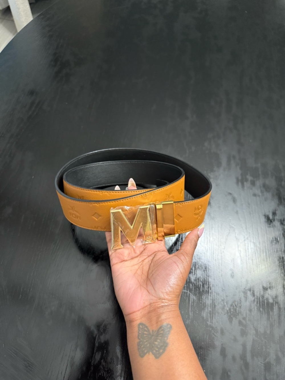 MCM Tan & Black Reversible Logo Belt with Gold 'M' Buckle